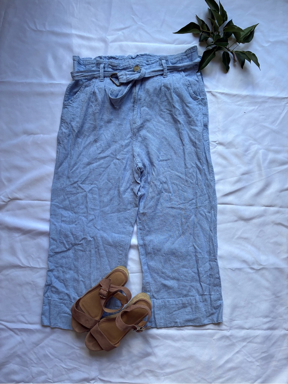 Mason & Belle Light Blue Paperbag Linen-Blend Pants
